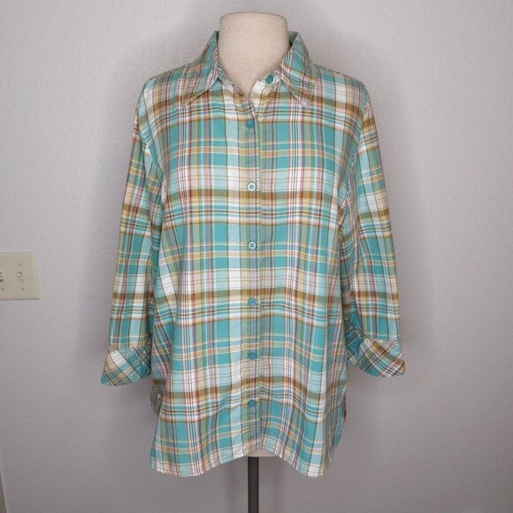 Chic Womens Shirt Large Button Down Comfort Collection 3/4 Sleeve Seafoam Green - Picture 1 of 14